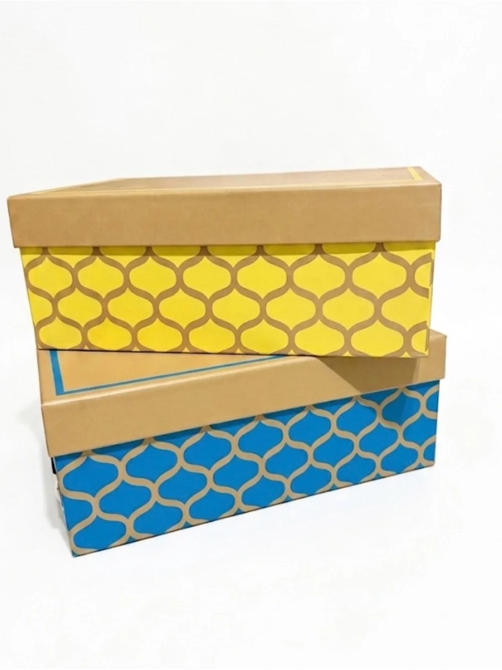 Yellow and Blue Patterned Storage Boxes with Lids